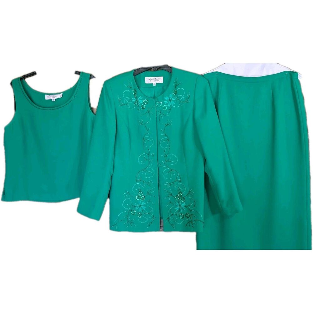 Maxie Klein Vintage 90s Emerald Green Sequin 3pc Skirt & Tank Suit Set Size 14 - Picture 2 of 11